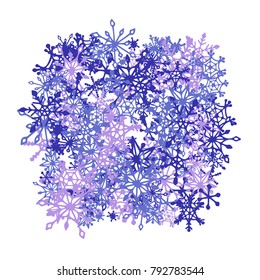Winter Background with Doodle Snowflakes. Blue Christmas Decoration. Cute Vector Pattern for Card, Poster, Banner. Frosty Cartoon Background in Trendy Style. Simple Hand Drawn Snowflakes