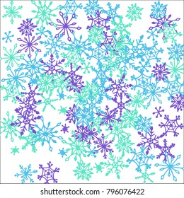 Winter Background with Doodle Snowflakes. Blue Christmas Decoration. Cute Vector Pattern for Card, Poster, Banner. Frosty Cartoon Background in Trendy Style. Simple Hand Drawn Snowflakes