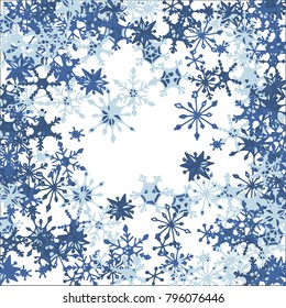 Winter Background with Doodle Snowflakes. Blue Christmas Decoration. Cute Vector Pattern for Card, Poster, Banner. Frosty Cartoon Background in Trendy Style. Simple Hand Drawn Snowflakes