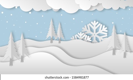 Winter background with elements such as snow, mountains and pine forests. The background is modern 3d style and paper cut or paper art. This background is suitable for posters, banners or flyers