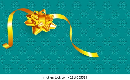 Winter background with embossed snowflakes and a big golden bow. Festive backdrop