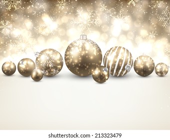 Winter background. Fallen bright snowflakes. Christmas golden balls. Vector illustration. 