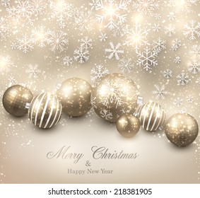 Winter background. Fallen bright snowflakes. Christmas golden balls. Vector illustration. 