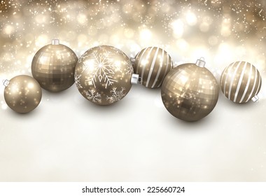 Winter background. Fallen bright snowflakes. Christmas golden balls. Vector illustration.   