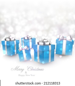 Winter background. Fallen defocused snowflakes. Christmas blue gifts. Vector illustration.  