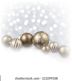 Winter background. Fallen defocused snowflakes. Christmas golden balls. Vector illustration.