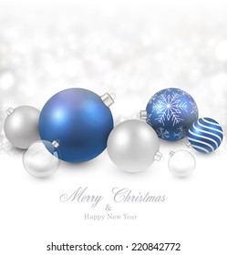 Winter background. Fallen defocused snowflakes. Christmas blue balls. Vector illustration.  