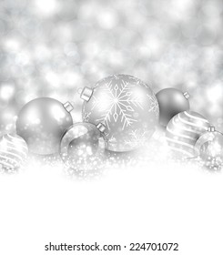 Winter background. Fallen defocused snowflakes. Christmas silver balls. Vector illustration.  