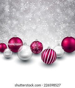 Winter background. Fallen defocused snowflakes. Christmas magenta balls. Vector. 