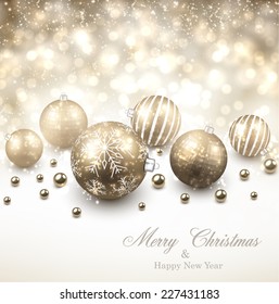Winter background. Fallen defocused snowflakes. Christmas golden balls. Vector illustration. 