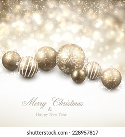 Winter background. Fallen defocused snowflakes. Christmas golden balls. Vector illustration. 