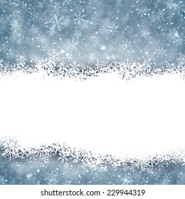 Fondo de invierno. Las caídas desenfocaron los copos de nieve. Navidad. Vector.   