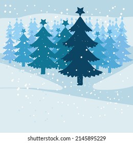 Fondo de invierno, Nieve en caída y árboles de navidad 