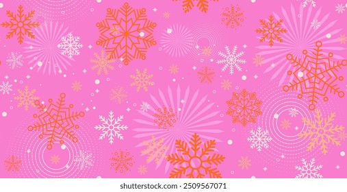 Winter background with falling snow. Christmas and New Year trendy design with seamless pattern made of beautiful snowflakes in modern line art style in pink, peach and orange colors. Xmas decoration.