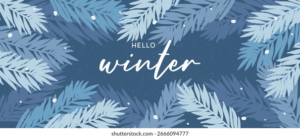 Winter background with falling snow and icy blue foliage frame. Seasonal holiday background. Winter greeting card. Vector.