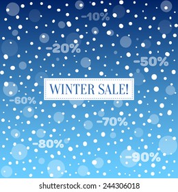 Winter background with falling snow and label with blue text and falling prices