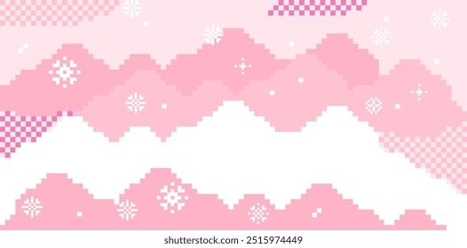 Winter background with falling snow, mountains, sky in pixel art. Christmas, Xmas, New Year trendy pixel design. Beautiful winter landscape, snowflakes in light pink colors. Vector horizontal backdrop