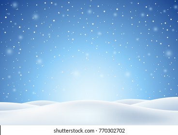 Winter Background with Falling Snow and White Snowy Hills. Christmas Horizontal Backdrop. Vector Illustration.