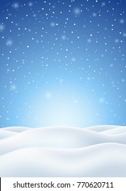 Winter Background with Falling Snow and White Snowy Hills. Christmas Vertical Backdrop. Vector Illustration.