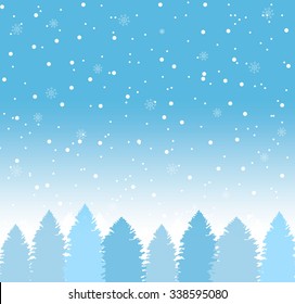 Winter background with falling snow and wintertime forest with spruces, Christmas trees, vector illustration