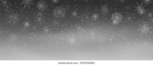 Winter background with falling snowflakes isolated on transparent background, vector png. Snowfall, blizzard, snow storm, snow hurricane. Snowflakes.