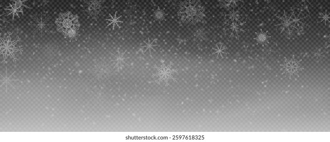 Winter background with falling snowflakes isolated on transparent background, vector png. Snowfall, blizzard, snow storm, snow hurricane. Snowflakes.