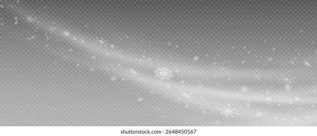 Winter background with falling snowflakes isolated on transparent background, vector png. Snowfall, blizzard, snow storm, snow hurricane. Snowflakes.