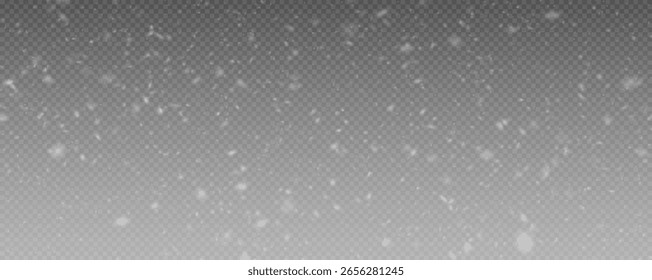 Winterhintergrund mit fallenden Schneeflocken einzeln auf transparentem Hintergrund, Vektorgrafik. Schneefall, Schneesturm, Schneesturm, Schneesturm Schneeflocken.