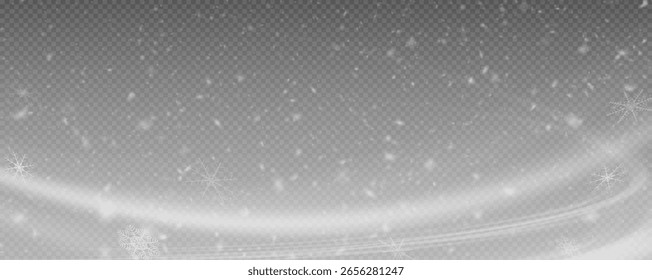 Fundo de inverno com flocos de neve caindo isolados em fundo transparente, png vetor. Queda de neve, nevascas, tempestade de neve, furacão de neve. Flocos de neve.