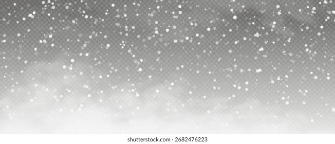 Winter background with falling snowflakes isolated on transparent background, vector png. Snowfall, blizzard, snow storm, snow hurricane. Snowflakes.