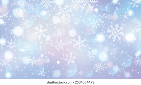 Fondo de invierno con copos de nieve que caen y luces brillantes en un gradiente azul y rosa suave. Ilustración vectorial.