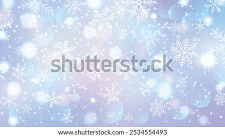 Winter background with falling snowflakes and shimmering lights on a soft blue and pink gradient. vector illustration.