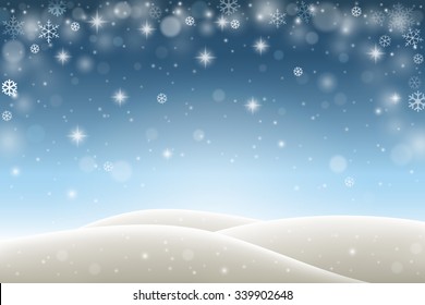 Winter background with falling snowflakes, snow and hills