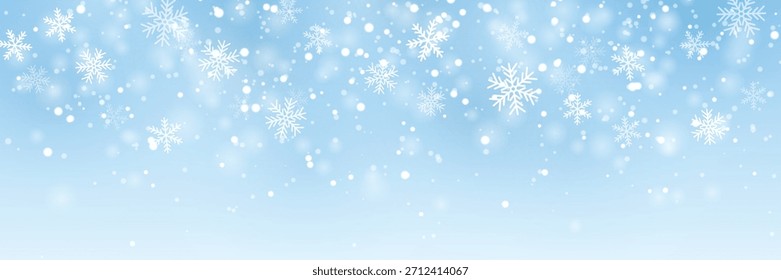 Winter background with falling snowflakes and snowfall on a soft blue sky, vector illustration.
