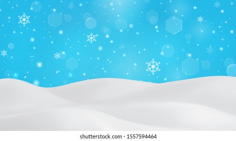 Winter background with falling snowflakes. Snowy landscape on blue sky background and snowfall
