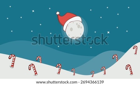 winter background featuring a full moon wearing a Santa hat, with festive candy canes stuck in the snow below. This 16:9 design is perfect for YouTube channel art, website headers, desktop wallpapers