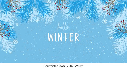 Fondo de invierno con un marco festivo de nieve, bayas y ramas de abeto. Diseño de tarjeta de felicitación de Festiva. Vector.