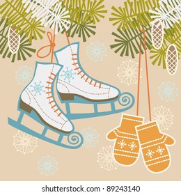 Winter background with figure skates, mittens, branches of pine and snowflakes