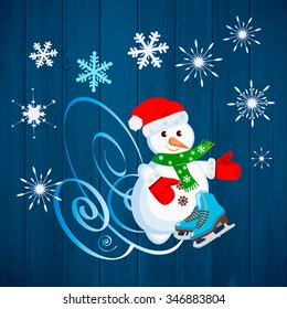 Winter background with figure skates and snowman. Can be use as banner or poster.Vector illustration.