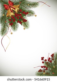Winter background with fir branch border, bells and berries and decorations