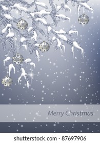 Winter background with  fir branches, baubles and icicles