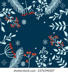 Winter background with fir branches, berries and snowflakes. Vector illustration.