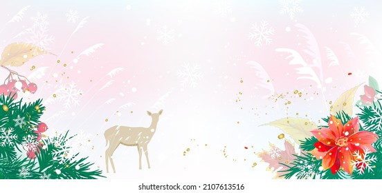 Winter background with fir branches, flower, snowflakes and deer. Greeting card.