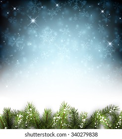 Winter background with fir branches. Vector paper illustration.
