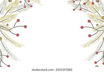 Winter background with fir tree branches, pine and berries. Holiday design, post template, social media. Poster, banner with place for text. Vector illustration