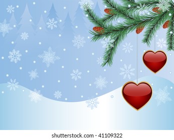 Winter background with a fir tree and a glossy hearts.