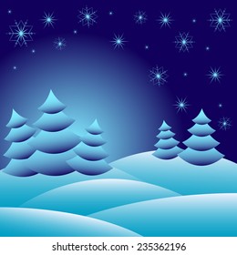 Winter background with fir trees on snowdrifts and with different snowflakes 2016. Vector illustration
