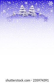 Winter background with fir trees on snowdrifts and with different snowflakes 2016. Vector illustration