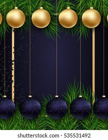 Winter background with fir-tree frame and golden and blue new year balls. With place for your text. Great for postcard, flyer, banner.