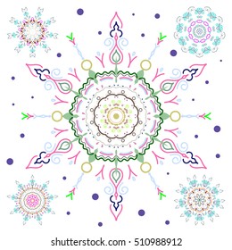 Winter background with five vector green and pink snowflakes on a white background.